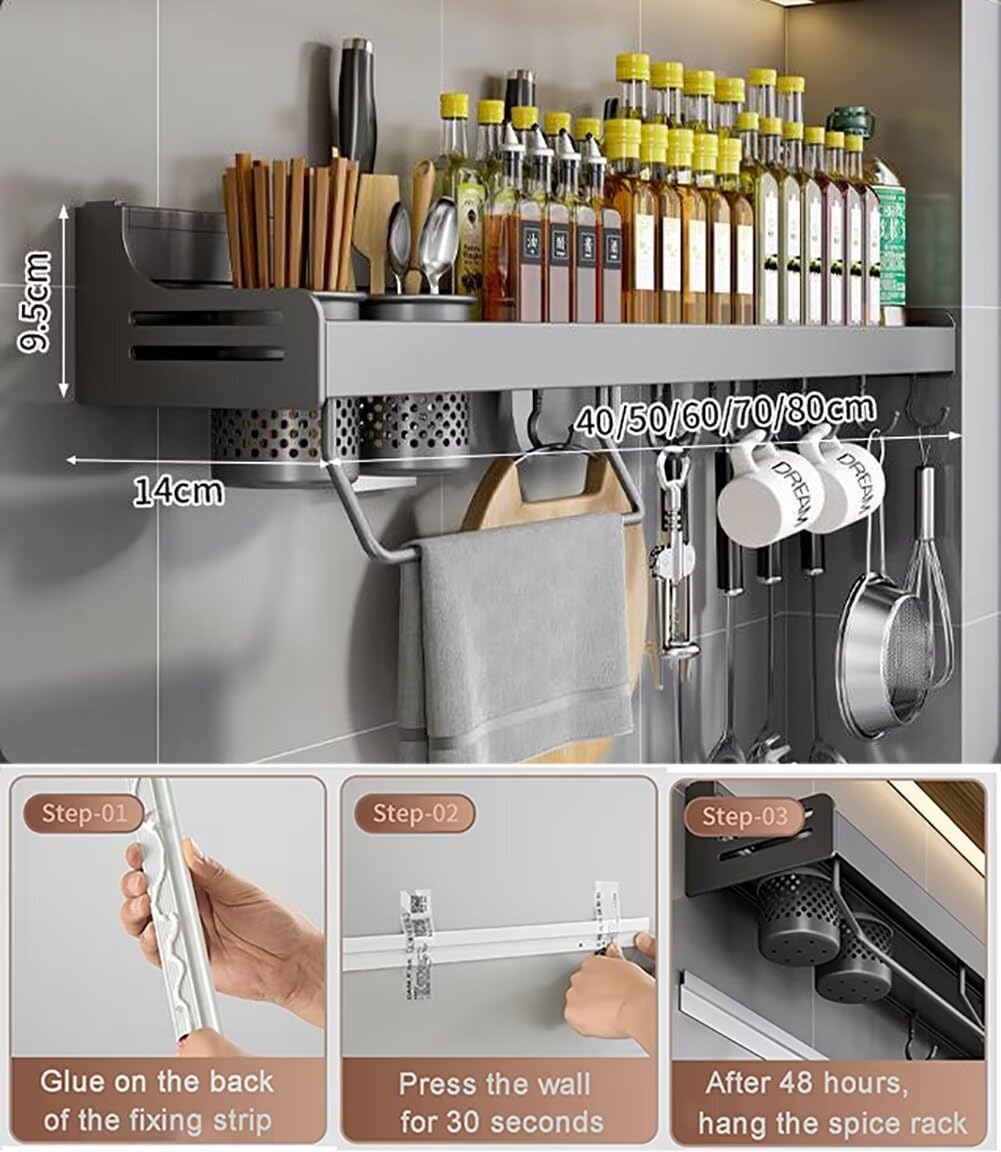 Soporte de pared para cocina, estante para frascos, botella de condimentos, cubiertos y toallero, fácil de instalar, estante de pared para decoración del hogar