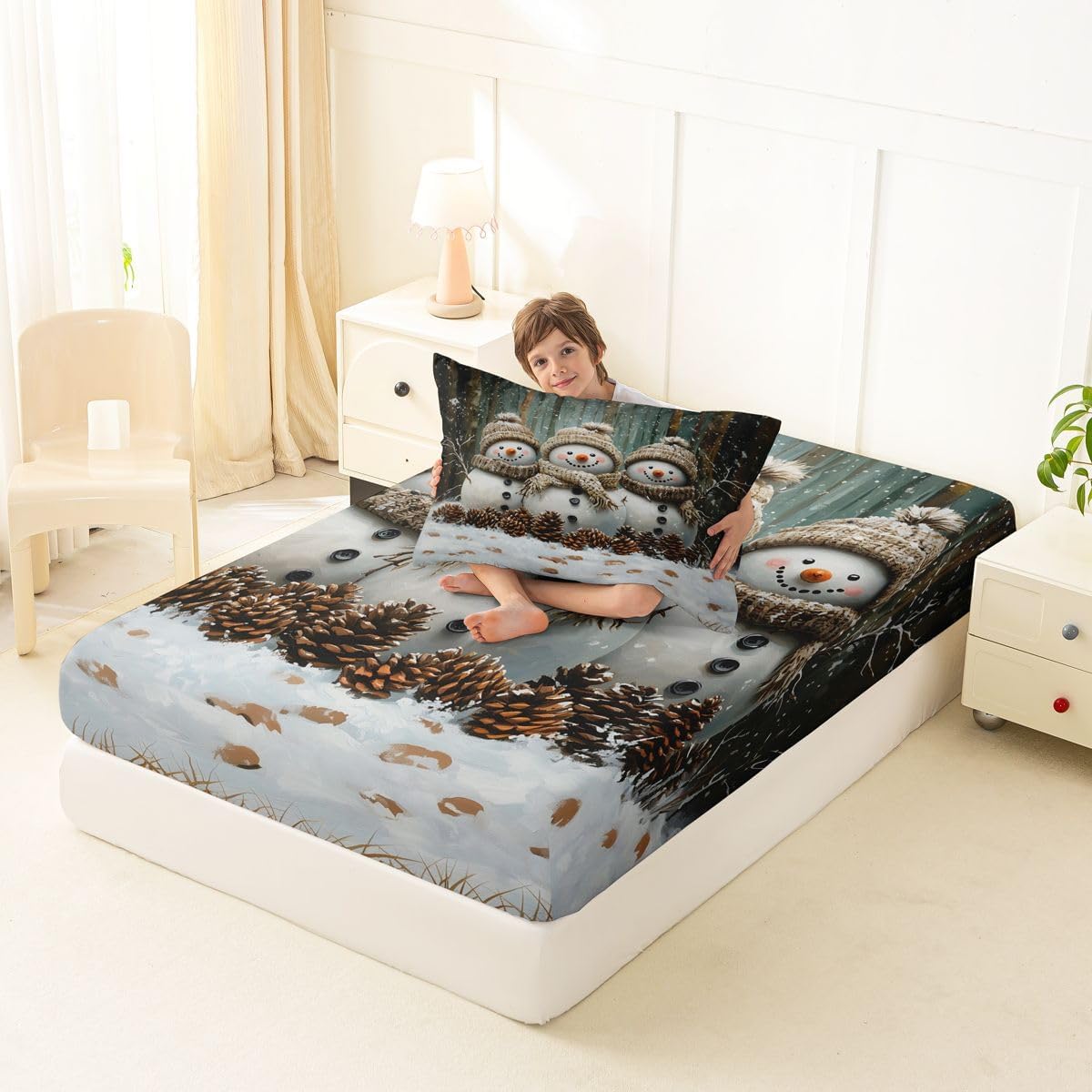 Castle Fairy Rustic Snowman Fitted Sheet 2Pcs Twin Size (No Flat)