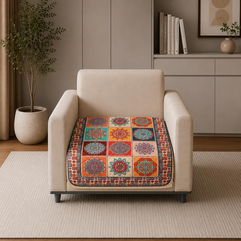 Image of Nendle Quilted Customisable Digital Printed Sofa Mat Cover with Fixed Seat Depth of 36 Inches | Premium Velvet Fabric Furniture Protector for Custom Fit