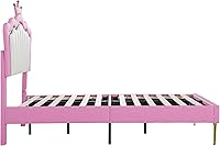 Vista 38 de Elegante cama de princesa tapizada de tamaño individual con cabecera corona, plataforma de piel sintética con soporte resistente de listones