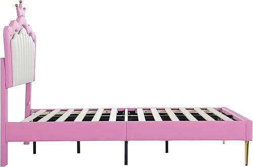 Miniatura 38 de Elegante cama de princesa tapizada de tamaño matrimonial con cabecera corona, plataforma de piel sintética con soporte resistente de listones para