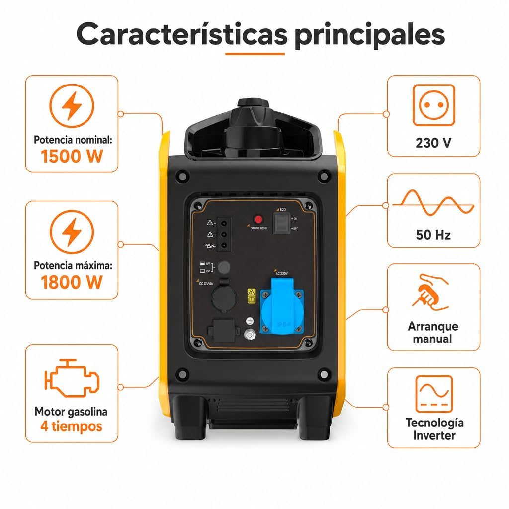 ITCPower Generador Eléctrico Inverter 1800W Silencioso para Uso Profesional y Doméstico - Generador Gasolina Eléctrico Portátil con Motor 4 Tiempos - Inverter Bajo Consumo y Energía Estable