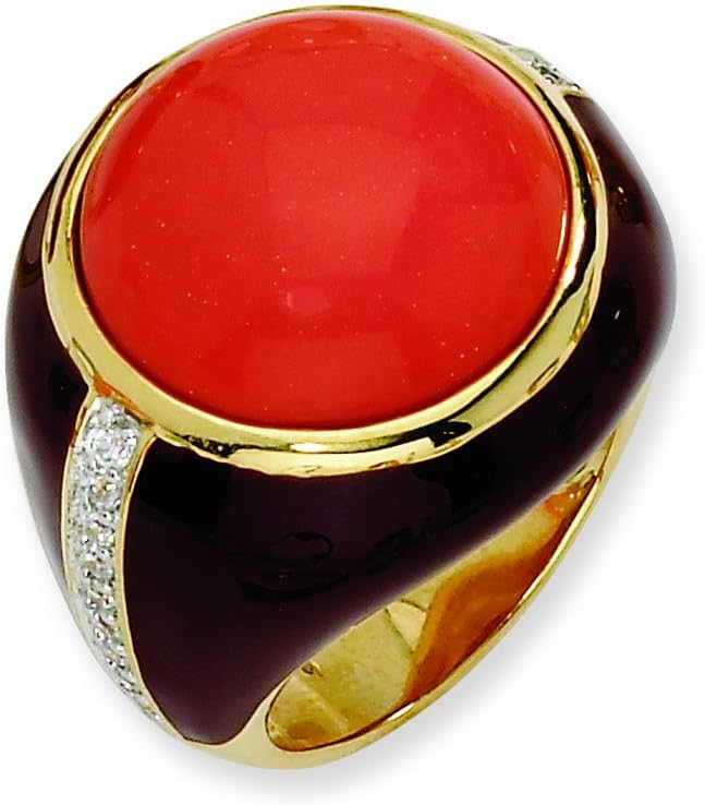 Gold-Plated Sterling Silver Brn Enam Simulated Red Coral & Cz Ring, Size 8