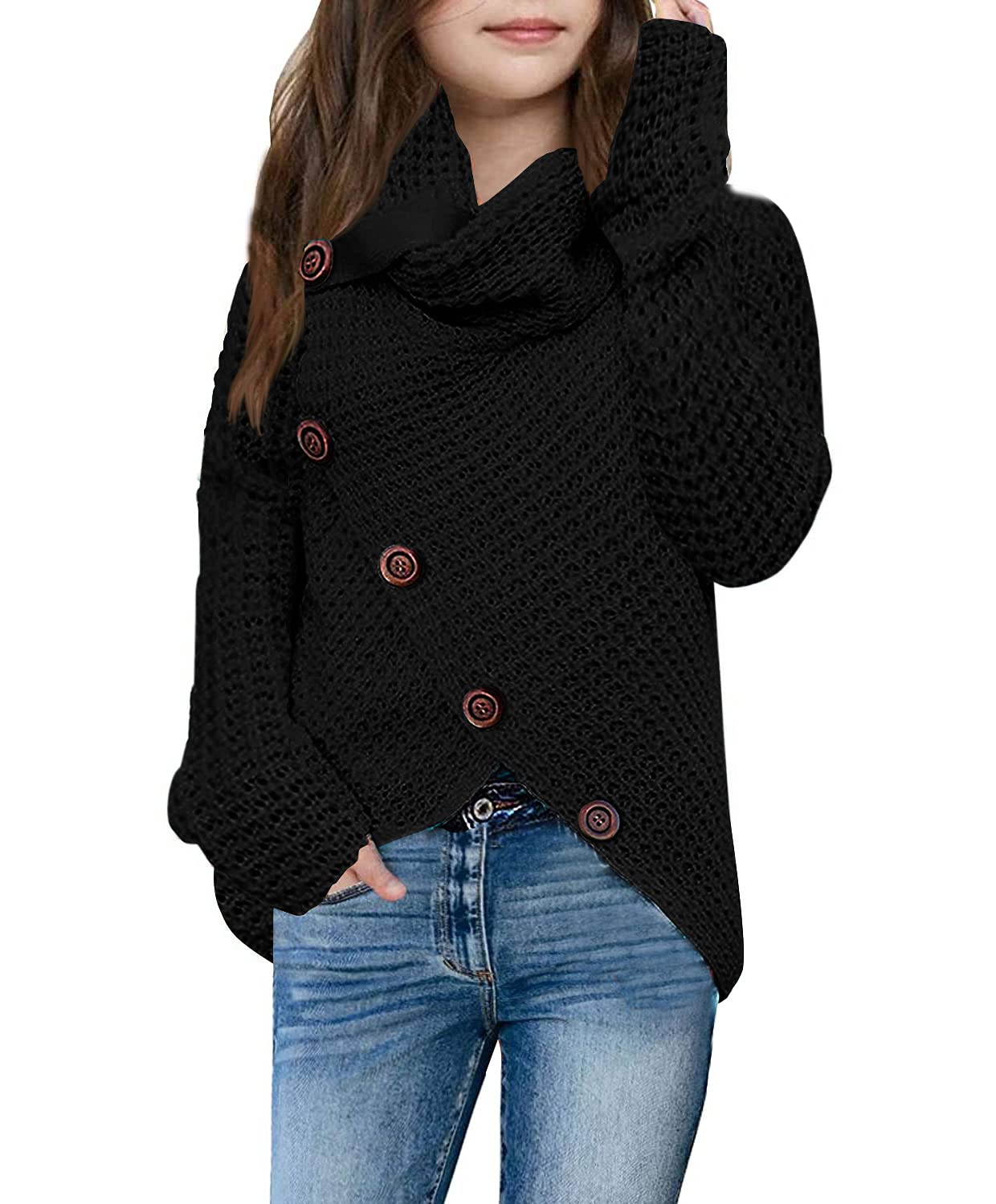 Girls Sweaters Button Turtle Cowl Neck Asymmetric Hem Wrap