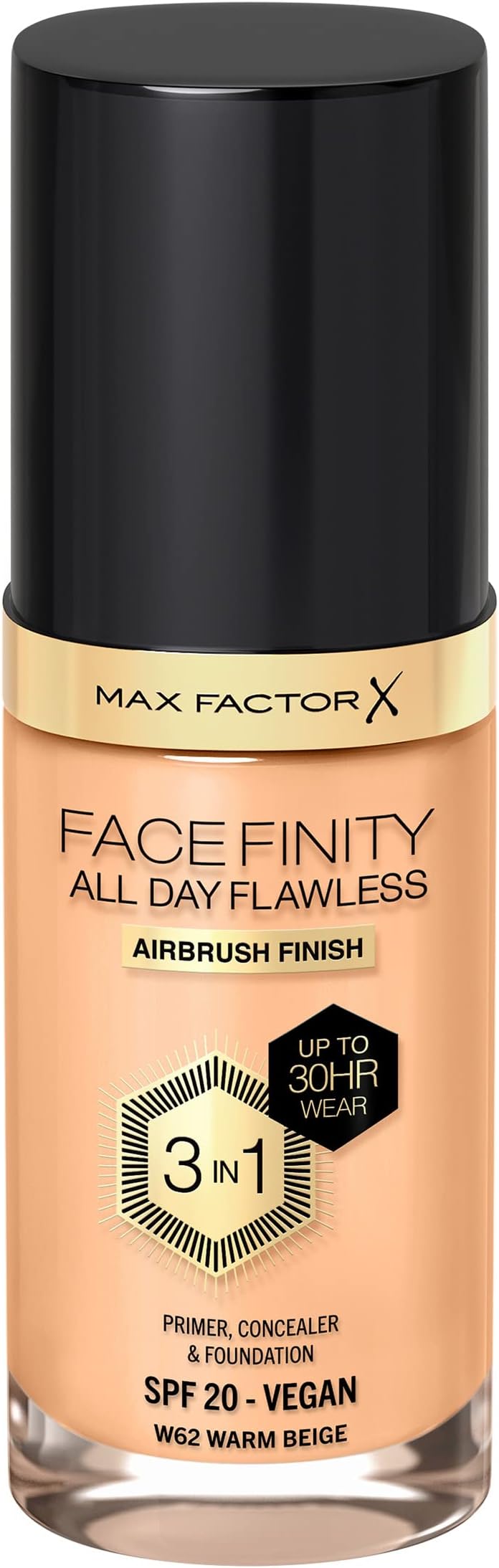 Max Factor Facefinity 3-in-1 All Day Flawless Liquid Foundation, SPF 20 - 62 Warm Beige, 30 ml