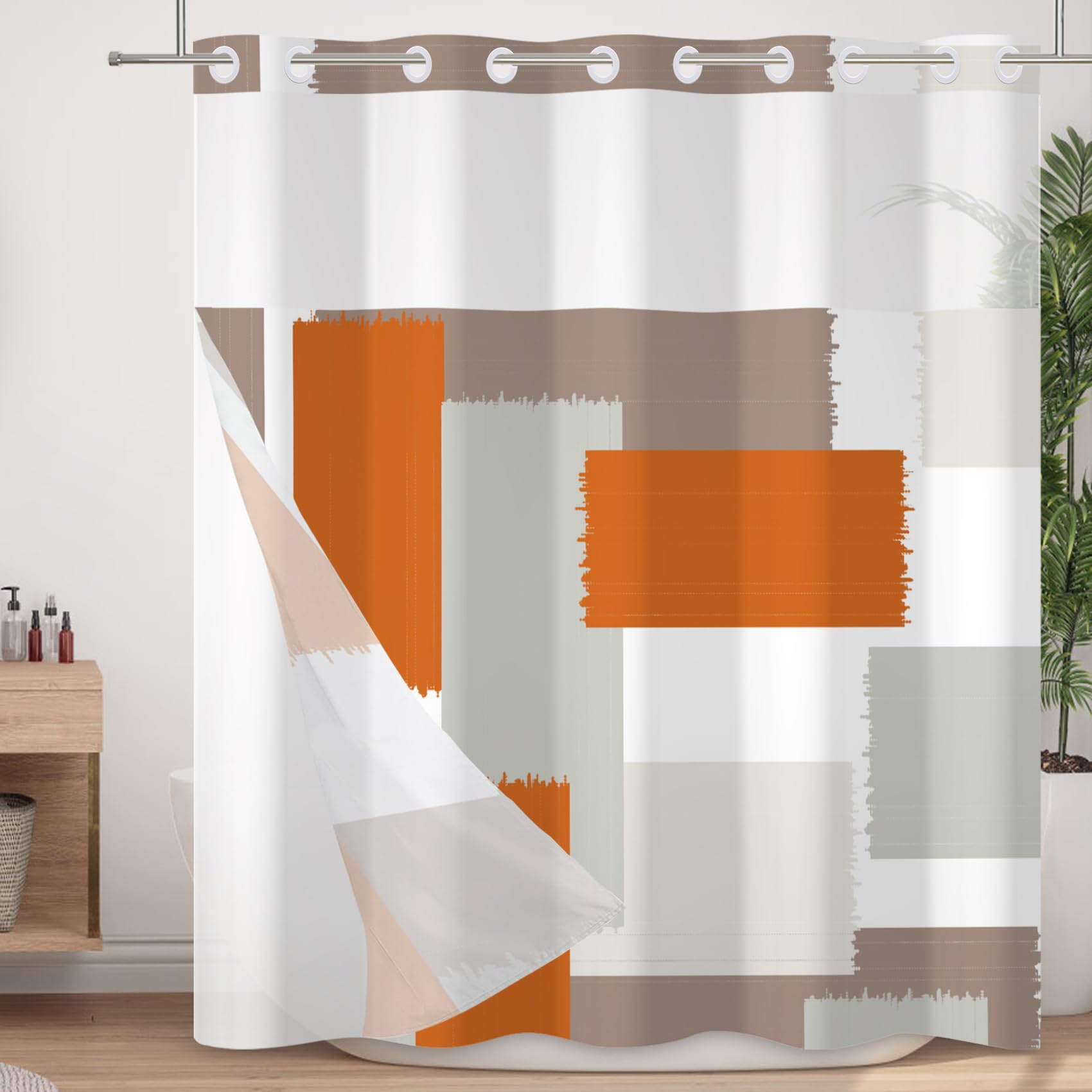 Velaequezii No Hook Shower Curtain with Snap in Liner Set Orange Gray Geometric Bath Curtain Double Layers Waterproof Washable Fabric with See Through