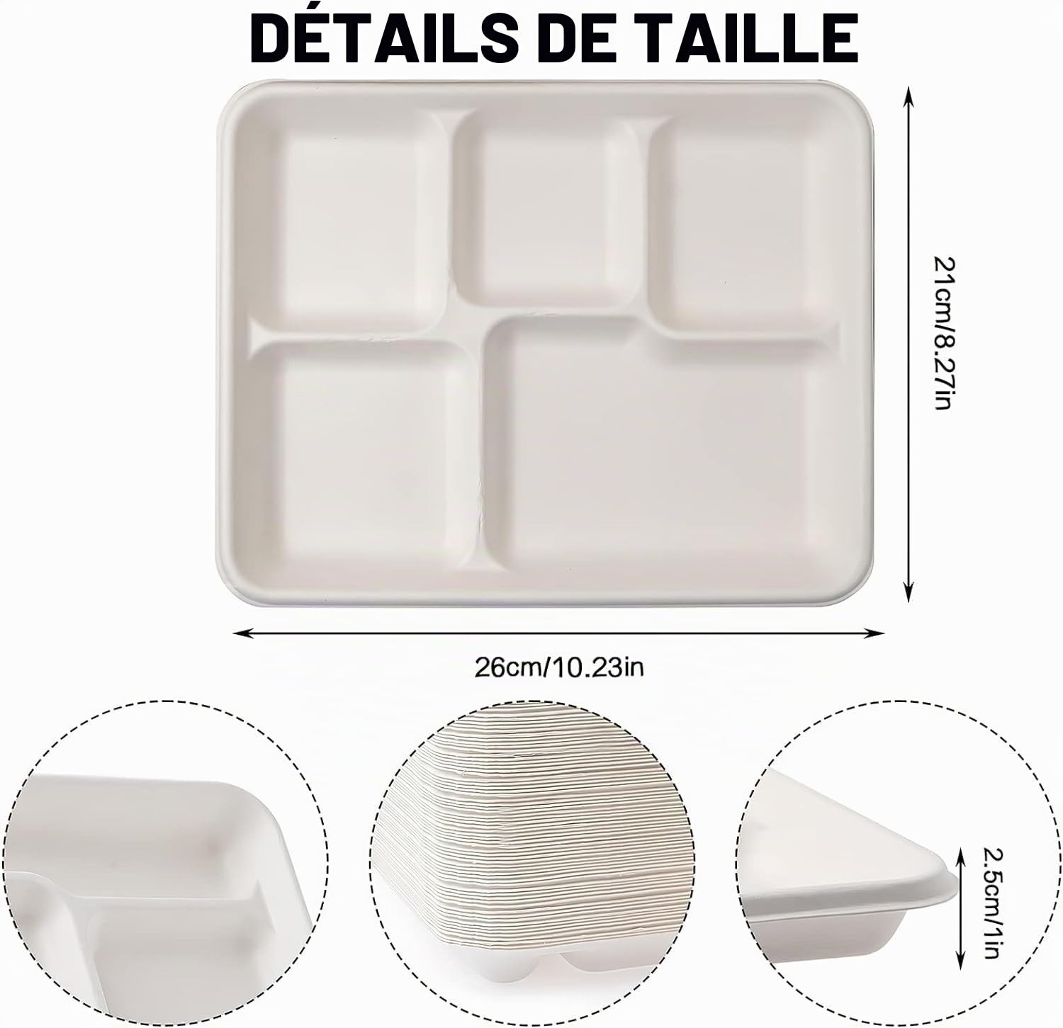 MSYU Lot de 125 assiettes en carton 100 % compostables à 5 compartiments - Plateau à déjeuner jetable de qualité supérieure - Respectueux de l'environnement - Fabriqué en fibres de canne à sucre