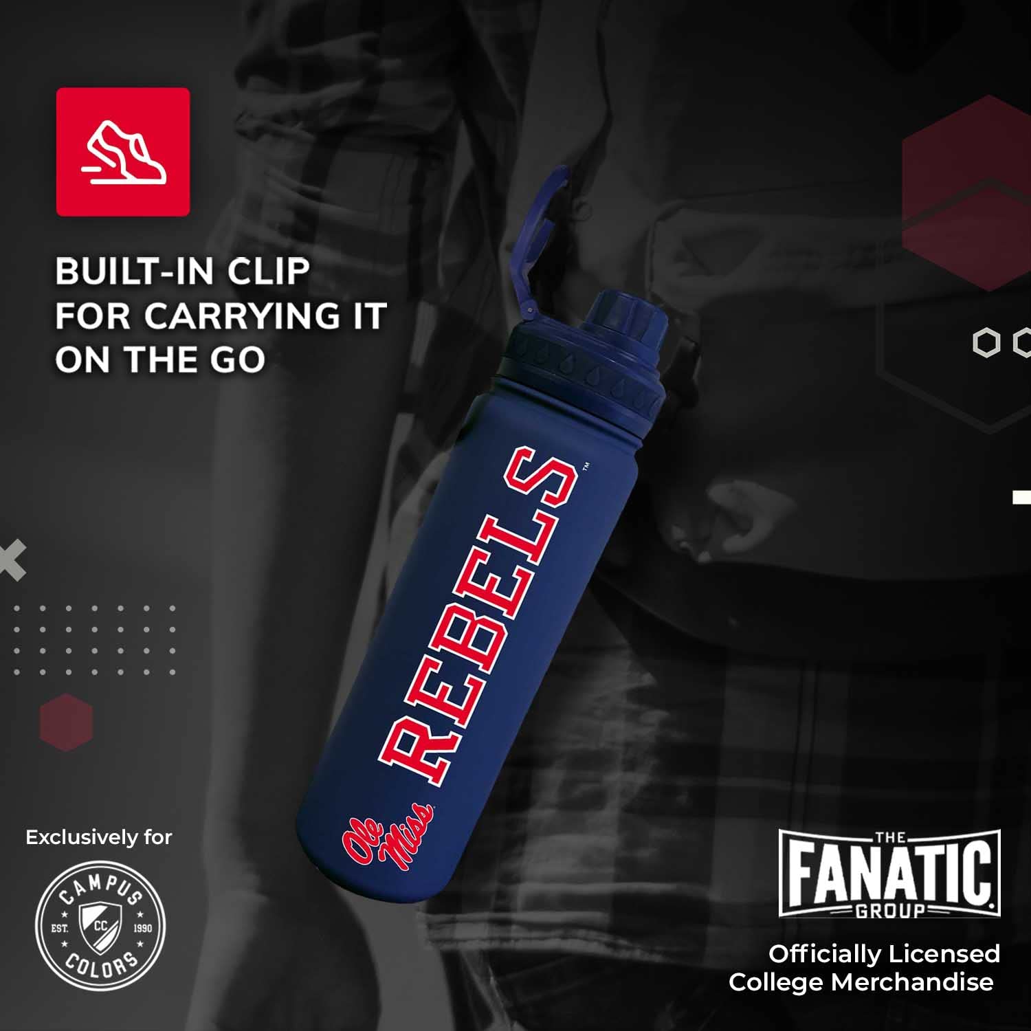 Campus Colors NCAA Edelstahl-Wasserflasche – Drehverschluss – 680 ml – Trageclip – hält Ihre Getränke stundenlang heiß oder kalt (Ole Miss Rebels – Königsblau)