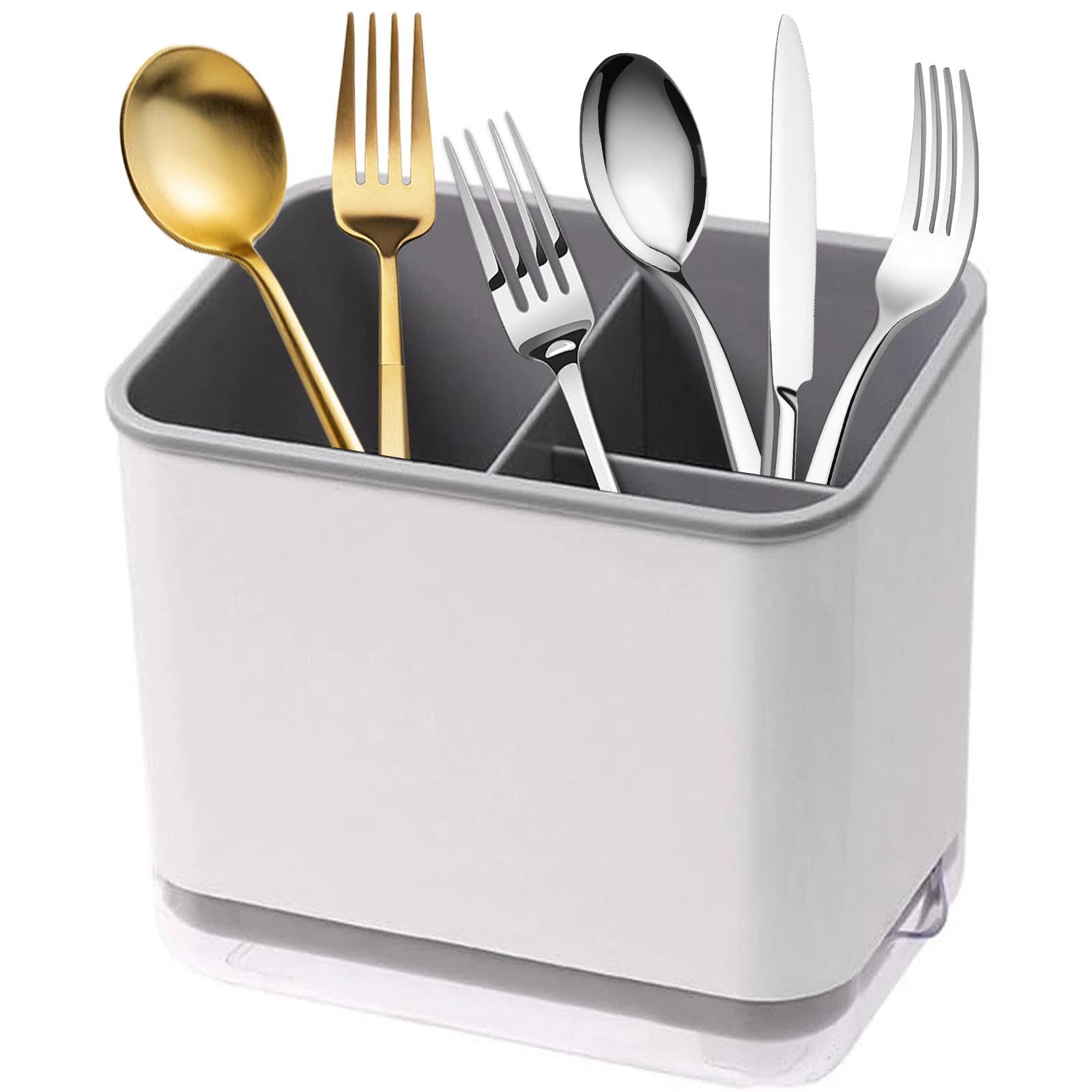 MYHOGOOD Cutlery Drainer for Sink, 3-Compartment Kitchen Utensil Holder with Drain Base, Utensil Organiser Rack for Spoon, Fork, Chopsticks and Knife (Grey)