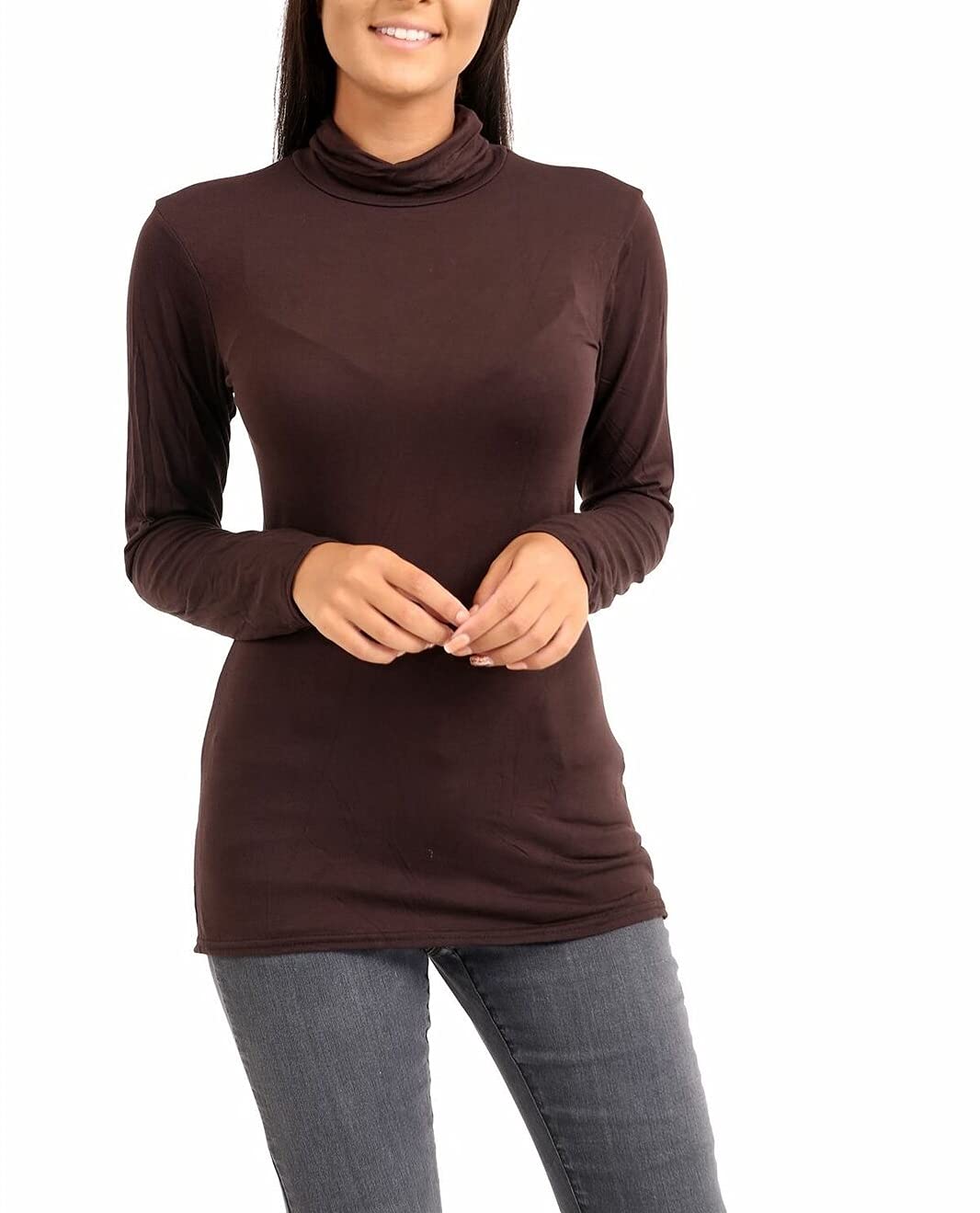 Ladies Women Basic Long Sleeve Plain Polo Turtle Neck Ladies Stretch Plus Size Top T Shirt (Brown, XXL)