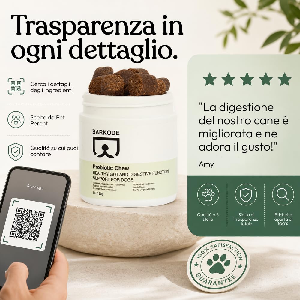 BARKODE Probiotico per Cani – Integratore Digestivo con Probiotici, Prebiotici e Postbiotici, Supporta Microbioma Intestinale e Digestione, Gusto, Senza Coloranti Artificiali, Prodotto in UE