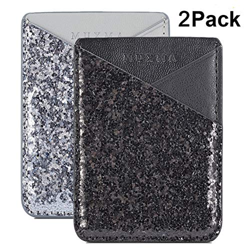 Cell Phone Wallet,Credit Card Holder for Back of Phone Pocket 3M Adhesive Sticker Card Pouch Sleeve for iPhone/Samsung Galaxy/Sony/Android and Most Smartphones,Black/Silver Glitter