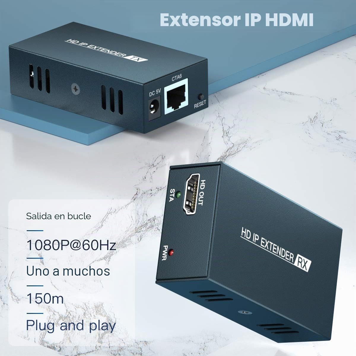 PWAYTEK Receptor Extensor HDMI 1080P@60Hz, transmisión 150m sobre Cat5e/Cat6/Cat7/Cat8, Bucle Local, Modo uno a Varios, sin latencia (Azul)