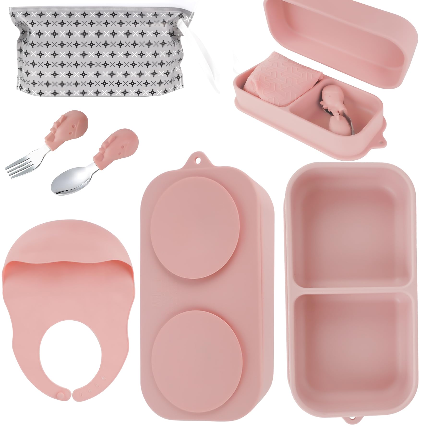 Juego de alimentación de silicona para bebé de viaje con cuchara, tenedor y placas de succión de silicona de acero inoxidable 316, bolsa de almacenamiento plegable para babero, utensilios portátiles para bebés y niños pequeños, juego de vajilla de 6 piezas sin BPA, color rosa