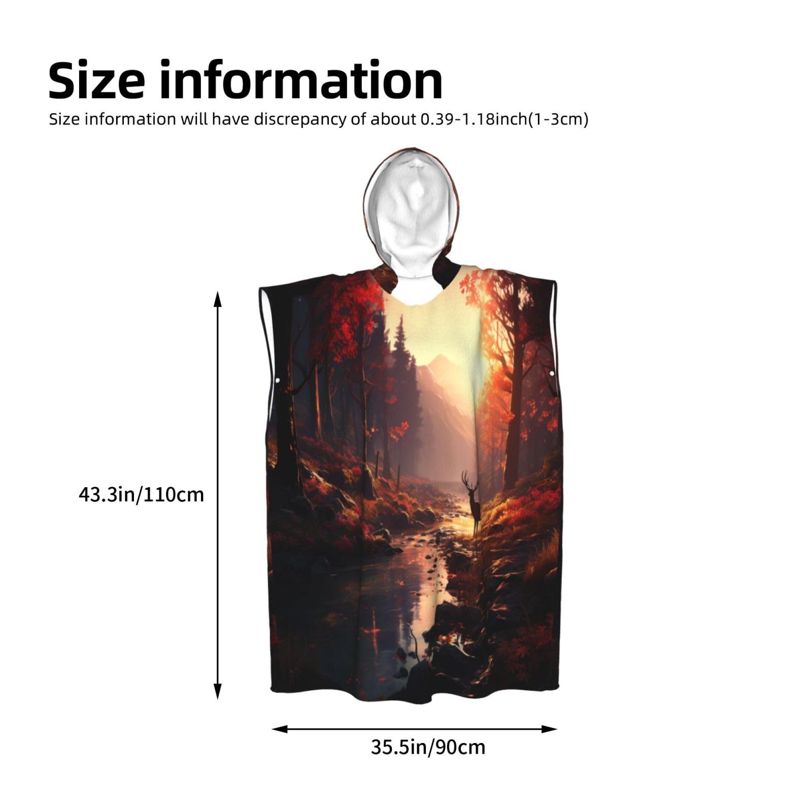 Poncho de plage à capuche pour adulte Motif cerf dans la forêt de feuilles rouges 109 x 89 cm