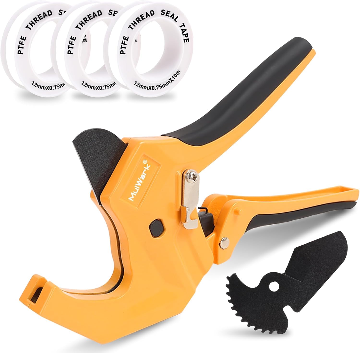 Mulwark PVC Pipe Cutter Tool Cuts up to 1-5/8", Heavy-Duty Aluminum Ratchet Cutter with Extra 3PC Teflon Tape and 1PC Blade for Cutting PVC, PPR, PE