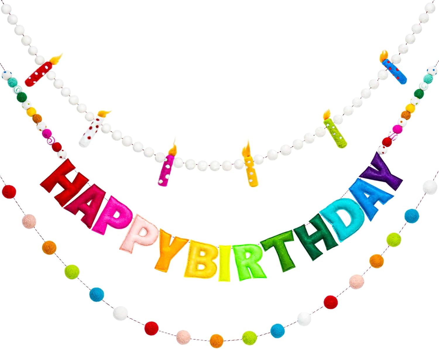 3Pcs Pre-Strung Reusable Happy Birthday Banner - Colorful Felt Candles Garland - Rainbow Party Decorations, Personalized Happy Birthday Sign for Kids Birthday Celebration Party Photo Prop Decor