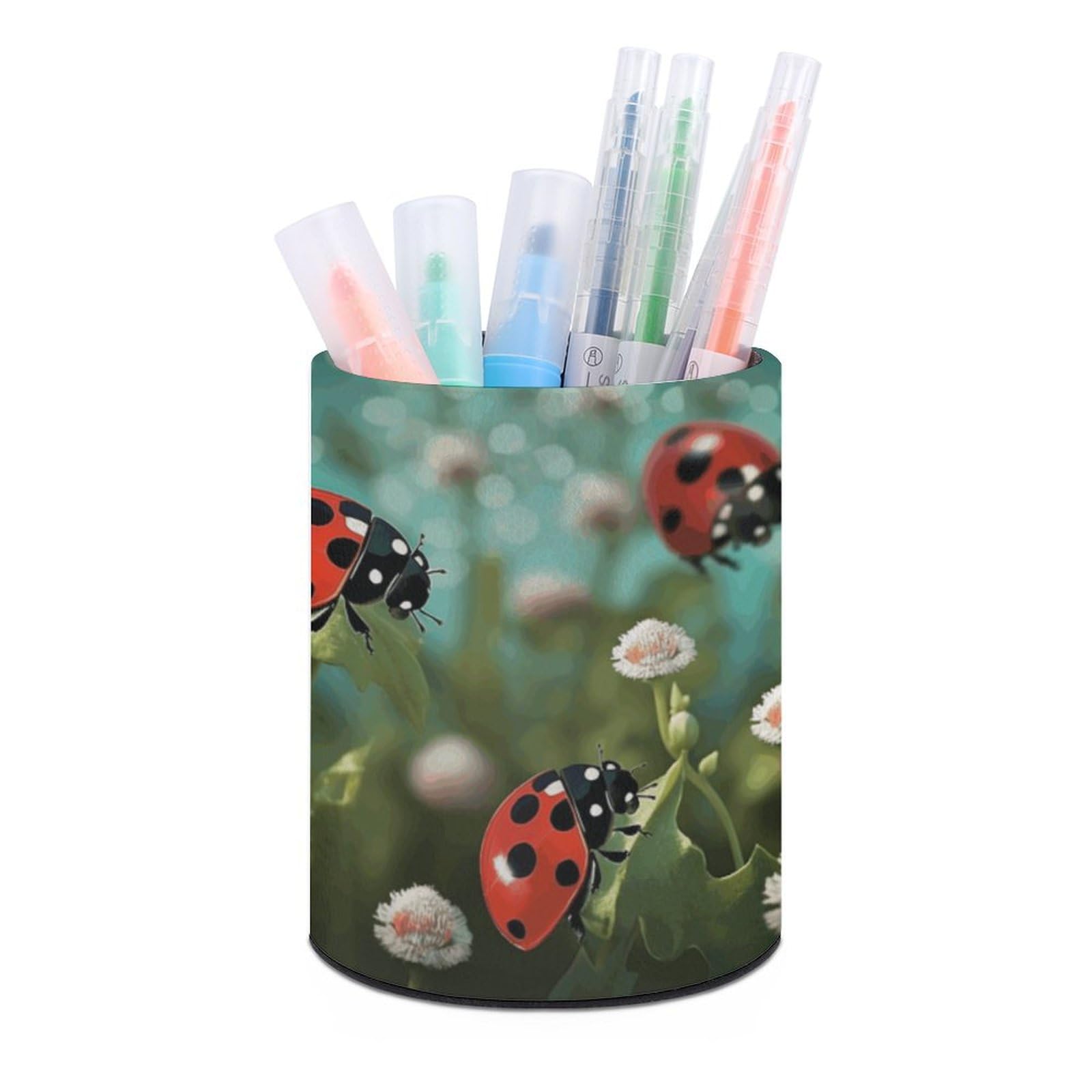 JTREHY - Ladybug Round Pen Holder Landscape Design Storage Box for Home Office Dresser