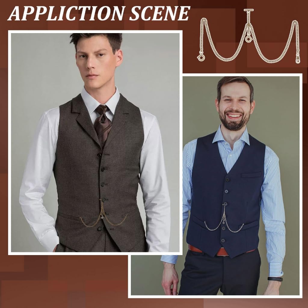 Vdaxvme Men Double Albert Chain Pocket Watch Curb Link Antique T-Bar Watch Chain for Pocket Watch Keys Pendants