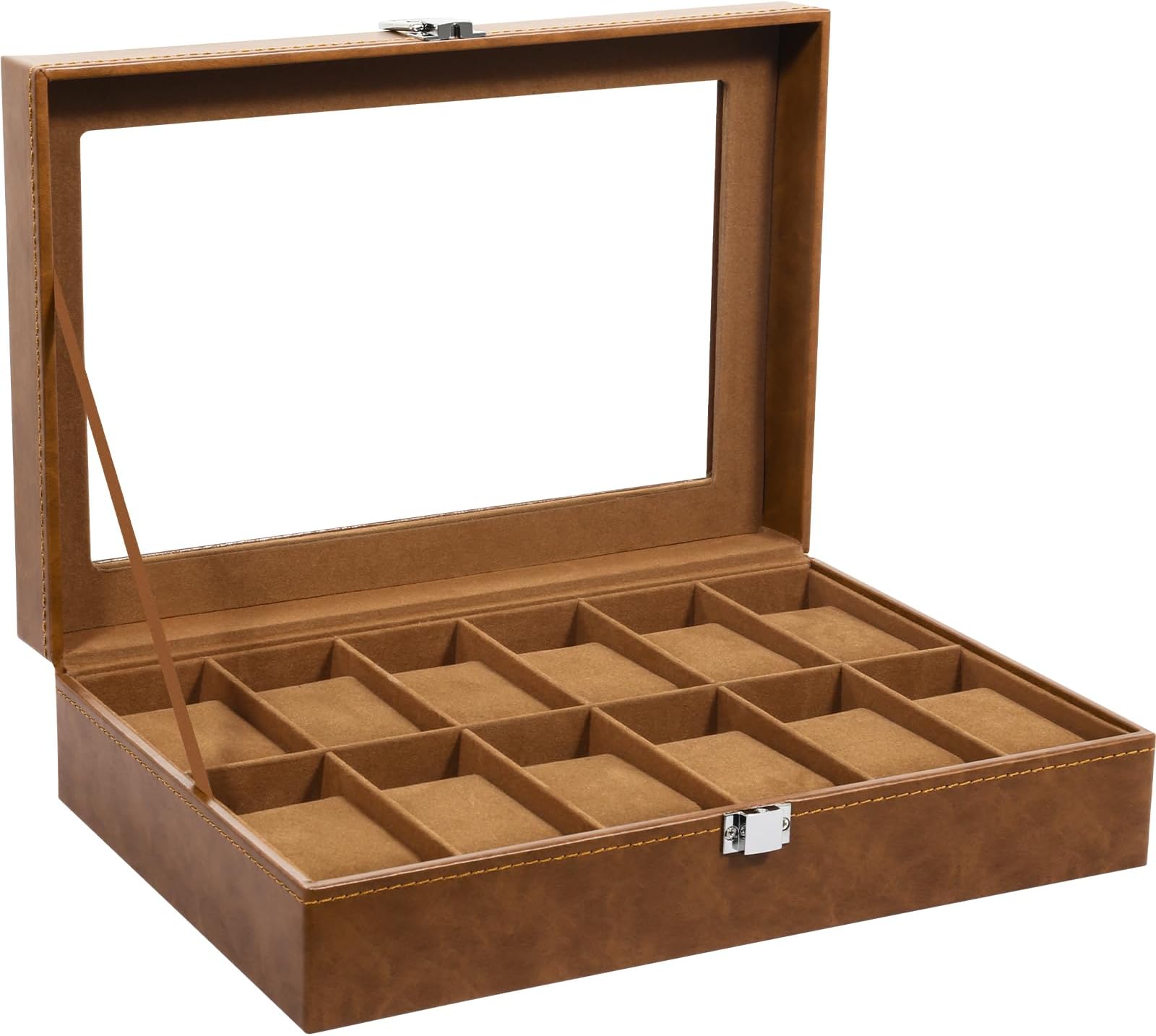 Uten Watch Box 12 Slots, Watch Case with Glass Lid, Metal Clasp, Watch Display Storage Box for Men and Women, Brown Synthetic Leather, Brown Velvet Lining, Removable Pillows, Gift Idea