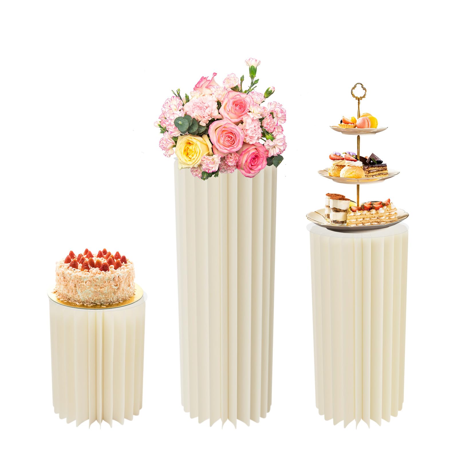 3pcs Faltbare Karton Centerpiece Display, Zylinder Blumenständer Säulen Set, Hochzeit Deko Honeycomb, 30/60/80cm, Wiederverwendbar, Garten Party, Milchweiß, Leicht Aufzubauen