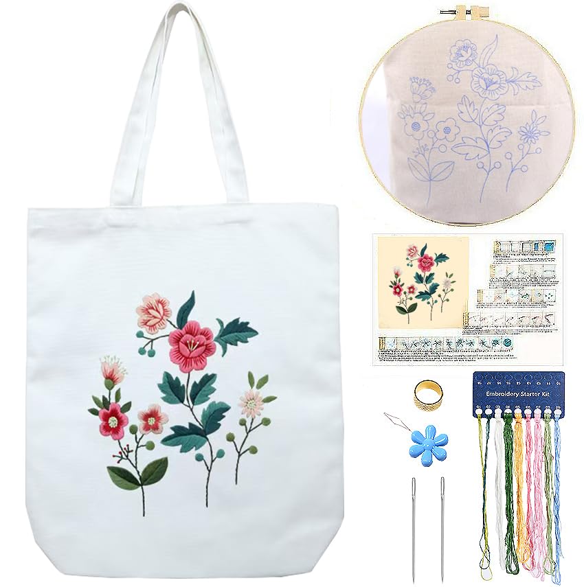 CREAWONDER Kit de bordado de bolsa de lona con patrón para principiantes, artes y manualidades de bordado para adultos, incluye instrucciones, aros de bordado, hilos de color y herramienta