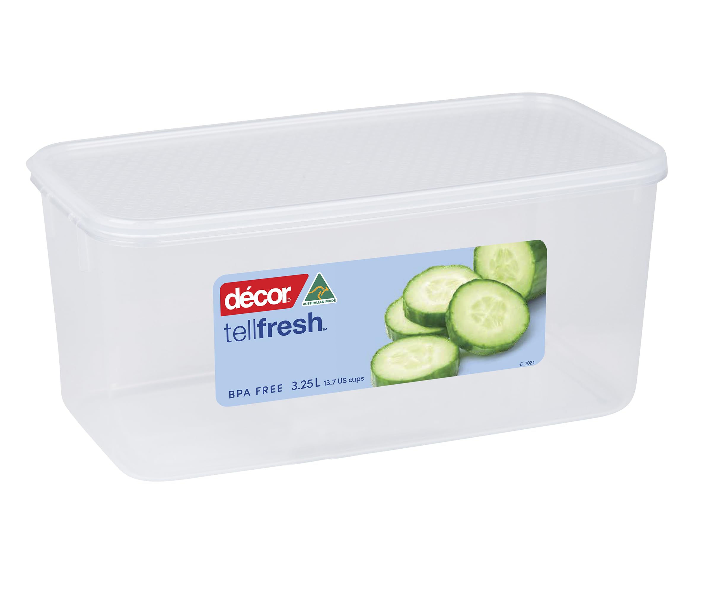 Décor 3.25L Tellfresh Airtight and stackable modular Oblong Food storage container. Graduated measure feature, BPA Free. Dishwasher, Microwave and freezer safe.