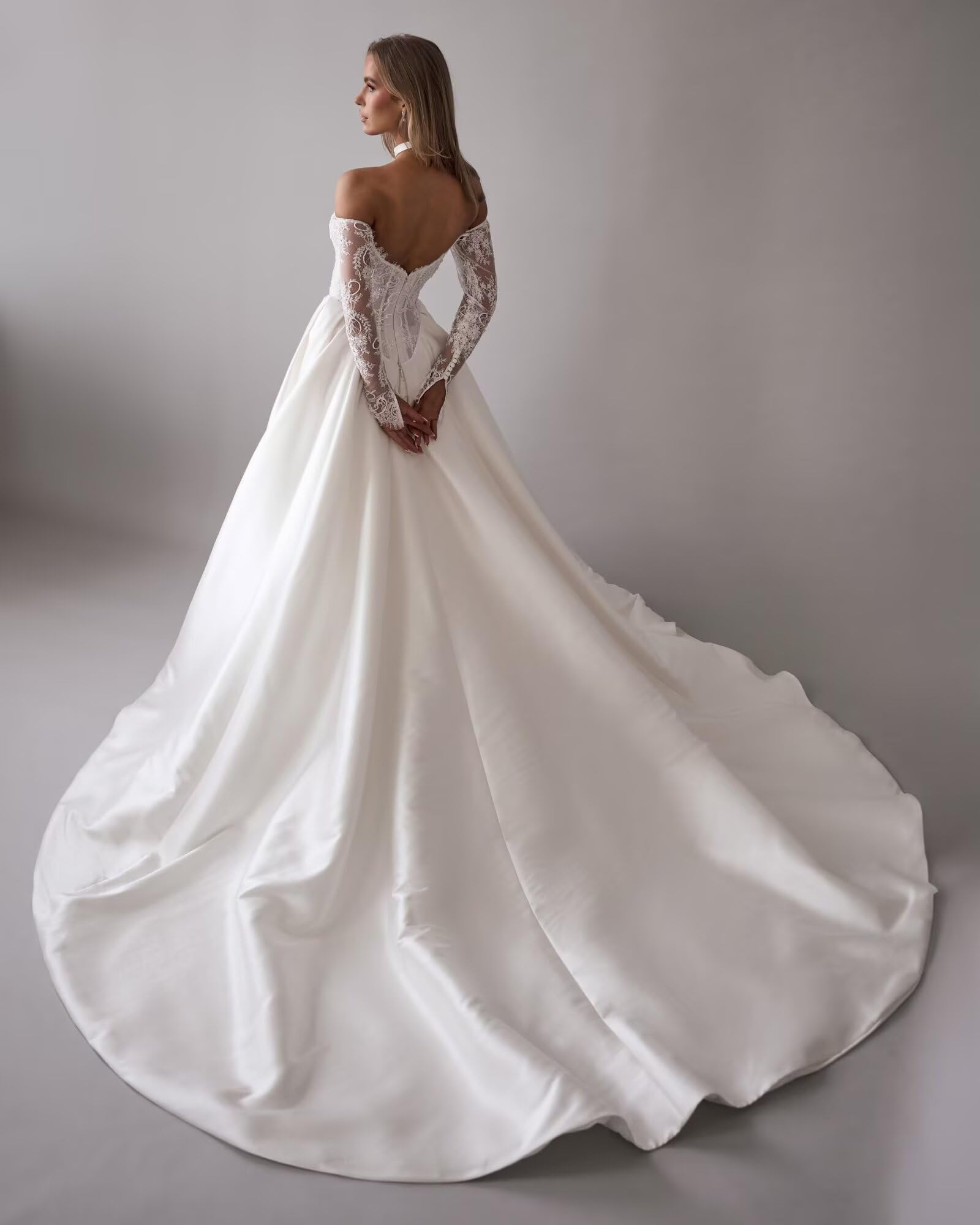 HUINI Schulterfreies Satin Hochzeitskleid für die Braut mit Langen Ärmeln A-Linien Spitzenapplikation Brautkleid und Schleppe