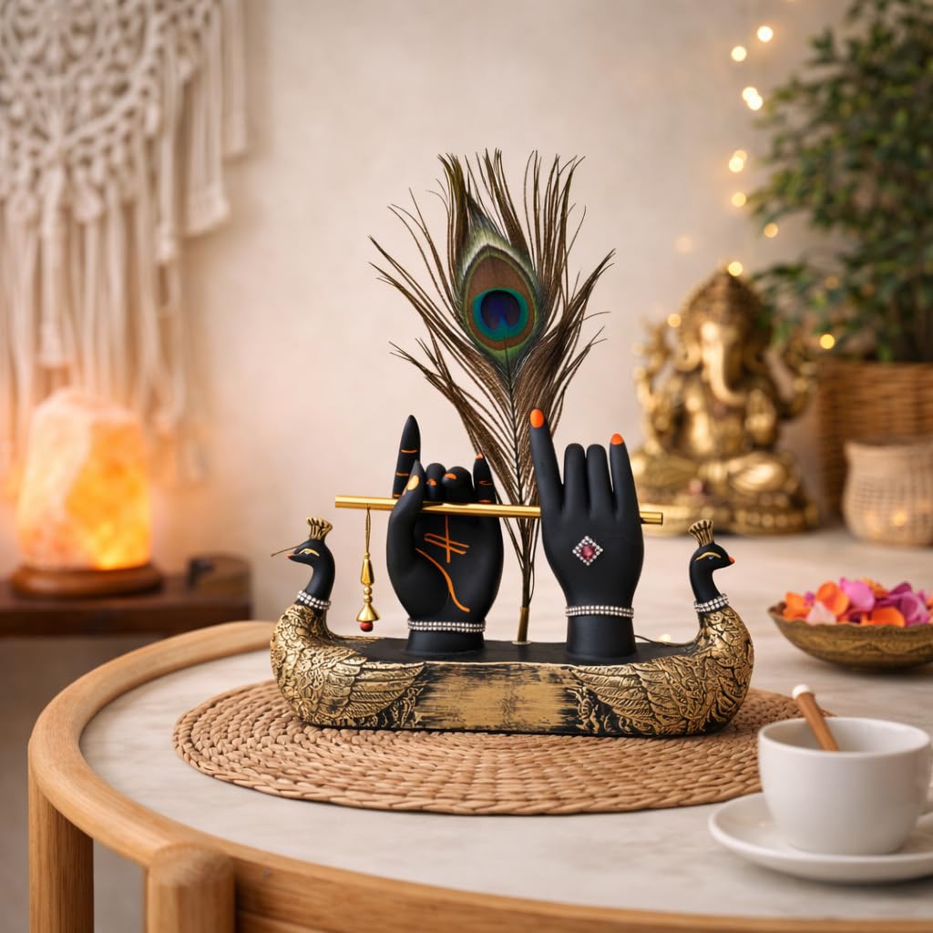 Krishna Hand with Flute & Peacock Feather Idol for Home Decor Gift, Office & Living Room, Peacock Showpiece with Flute, Lord Laddo Gopal Figurine Murlidhar, Kanhaiya, Makhan Chor, Diwali Decoration-picture-18