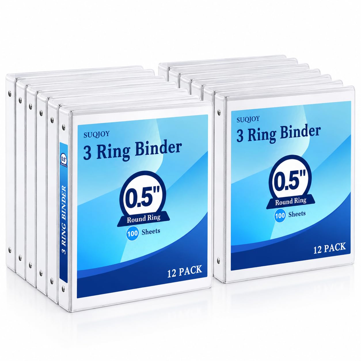 Durable 1/2 Inch 3-Ring Binder, 0.5-inch Round Ring Binder with 2 Inside Pockets, 12 Pack White Binders, Clear View CoverBinder Holds 8.5'' x 11''Paper for Office/Home/Back to School