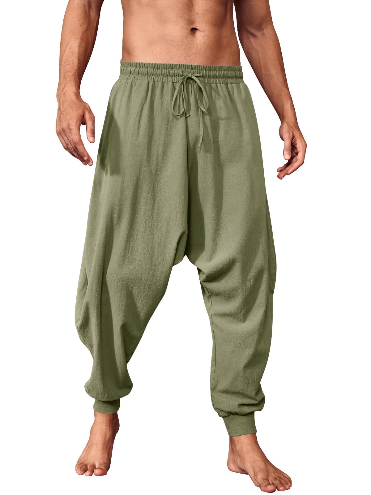 Runcati Hosen Herren Einfarbig Loose Fit Sommerhose Wikinger Pirat Mittelalter Leicht Elastische Taille Baggy Freizeithose Mit Kordelzug Und Taschen Hippie Hose Armeegrün L