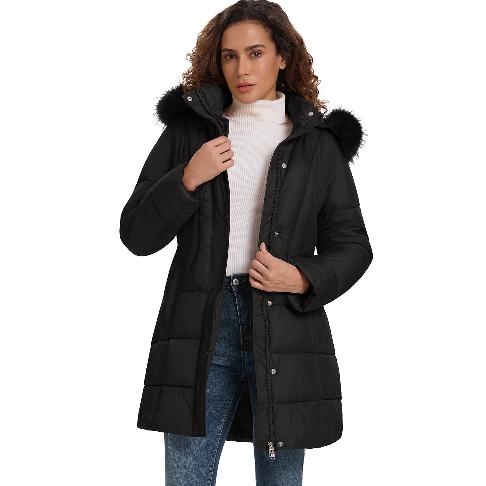HOTIAN Women's Winter Puffer Down Coat Long Thickened Padded Parka Warm Jacket with Faux Fur Detachable Hooded