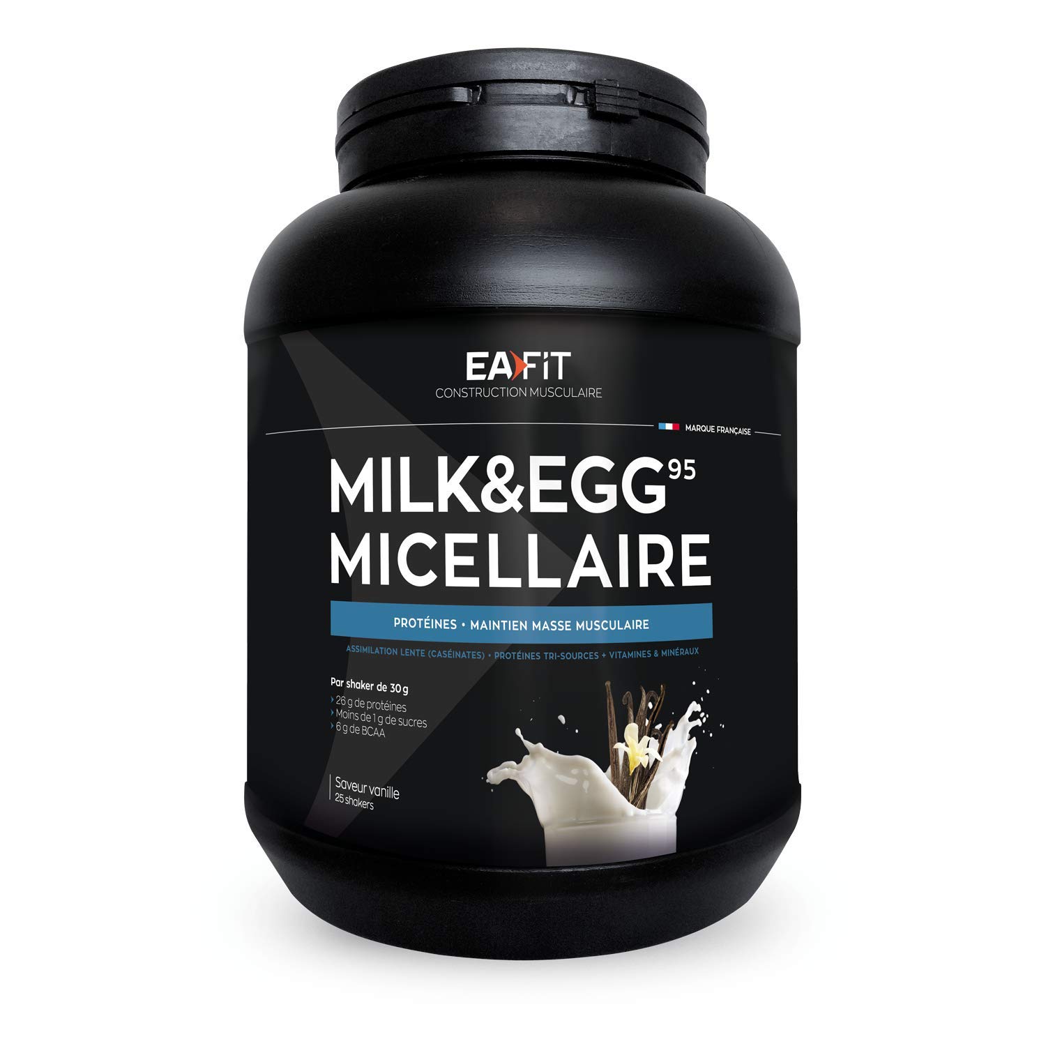 Eafit Milk Egg 95 Micellar 750g, Vanille, Caseine Proteine, Muskelaufbauprotein, Erhaltung der Muskelmasse, Langsame Assimilation, Anti-Doping, 25 Portionen, Eafit Französische Marke