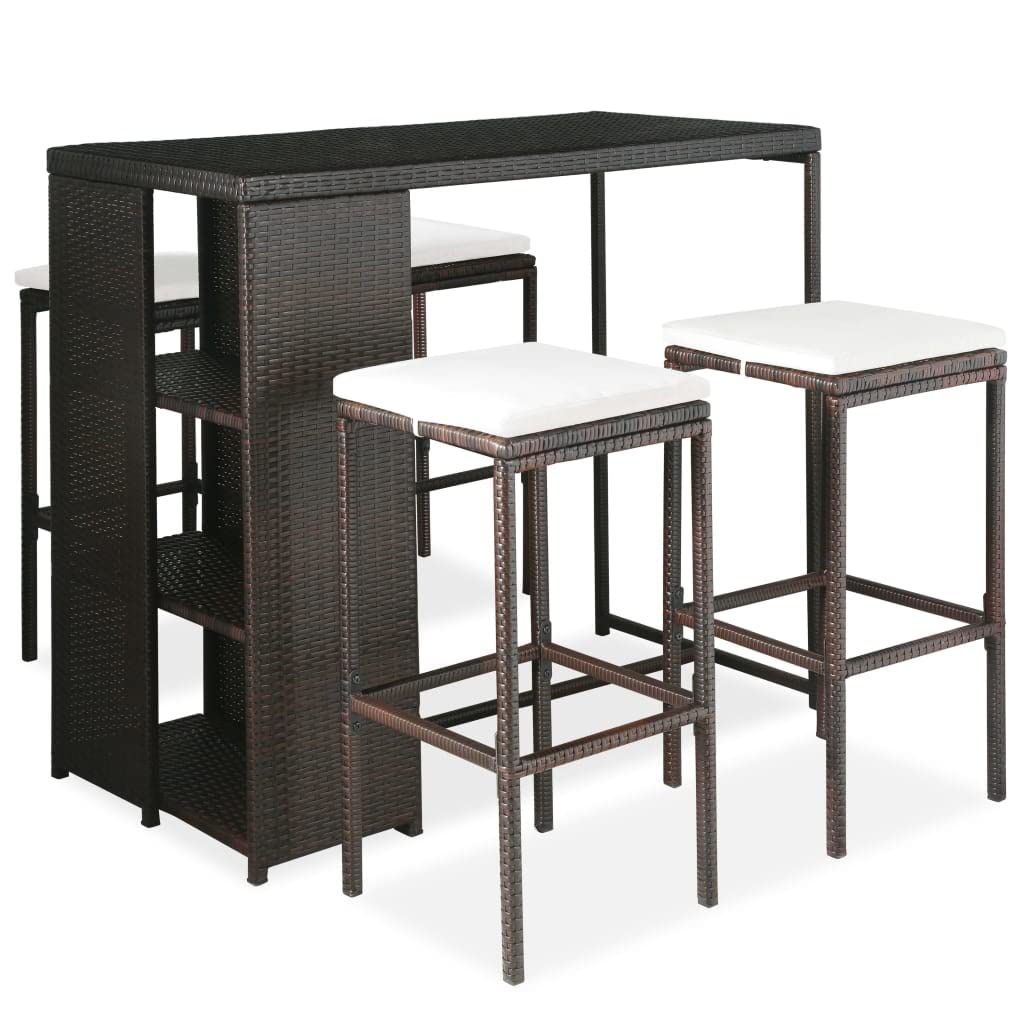 vidaXL Set de Bar para Jardín 5 Piezas y Cojines Mesa Silla Asiento Patio Terraza Barra Bistró Muebles Mobiliario Ratán Sintético Marrón