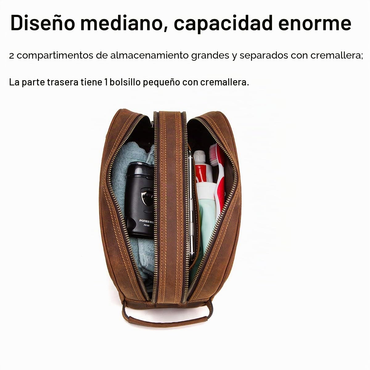 Contactos Hombre Bolsa de Aseo de Negocios de Viaje de Cuero de Vaca con Gran Capacidad Doble Cremallera
