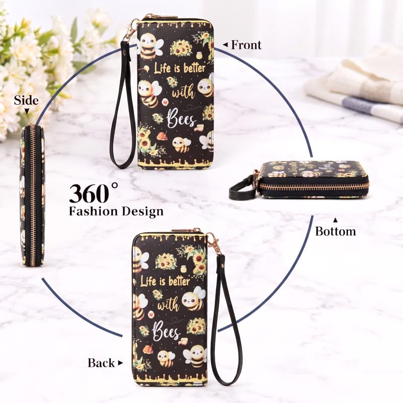 Image of Bee Wallet for Women, Sunflower Wristlet Wallet