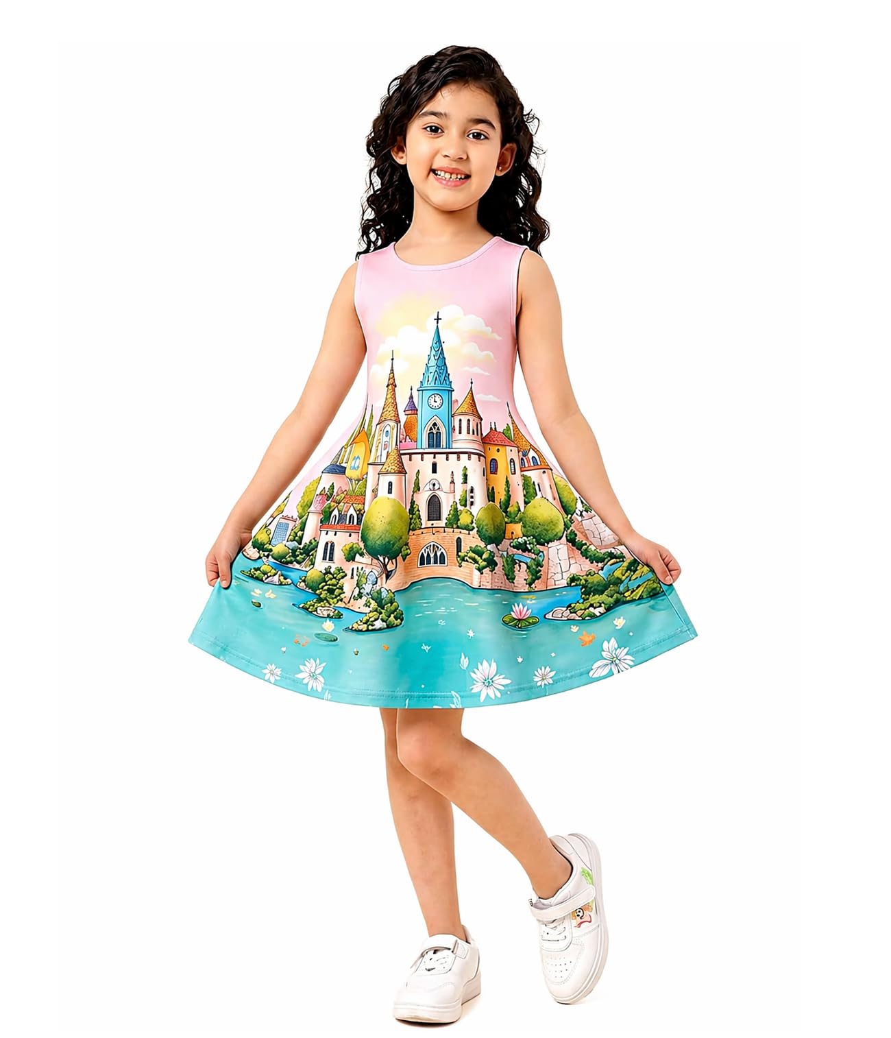A.T.U.N. (ALL THINGS UBER NICE) Vestido de princesa con estampado de castillo, elegante, sin mangas, tradicional, para cumpleaños, fiestas y ocasiones especiales