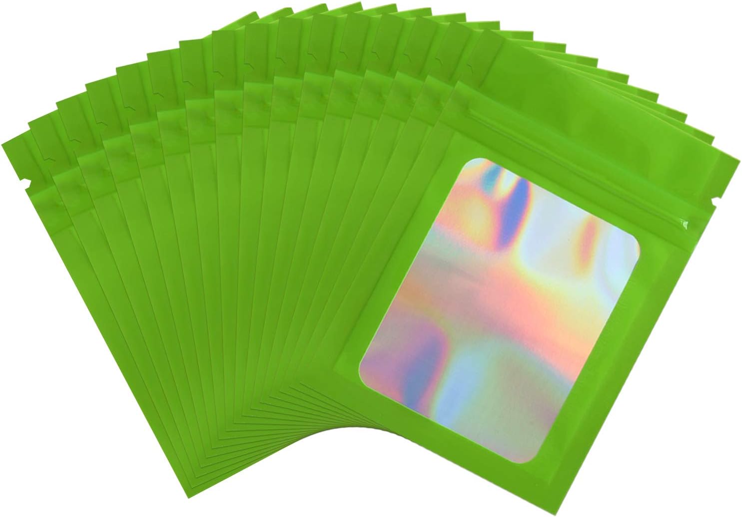 100pcs smell proof mylar bags ziplock resealable holographic packaging bag for sample lip gloss eyelash tea cookies food jewelry electronics storage|flat|front clear window (Green, 3.54''Wx6.30''L)