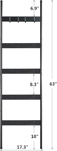 Miniatura 6 de ELYKEN Escalera para manta para sala de estar, soporte de edredón de 5 niveles con 4 ganchos extraíbles para baño, estante de toalla de madera,