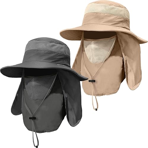 Sombrero de pesca de ala ancha para hombre, 2 piezas, protección solar UPF 50+, extraíble, solapa para cara y cuello