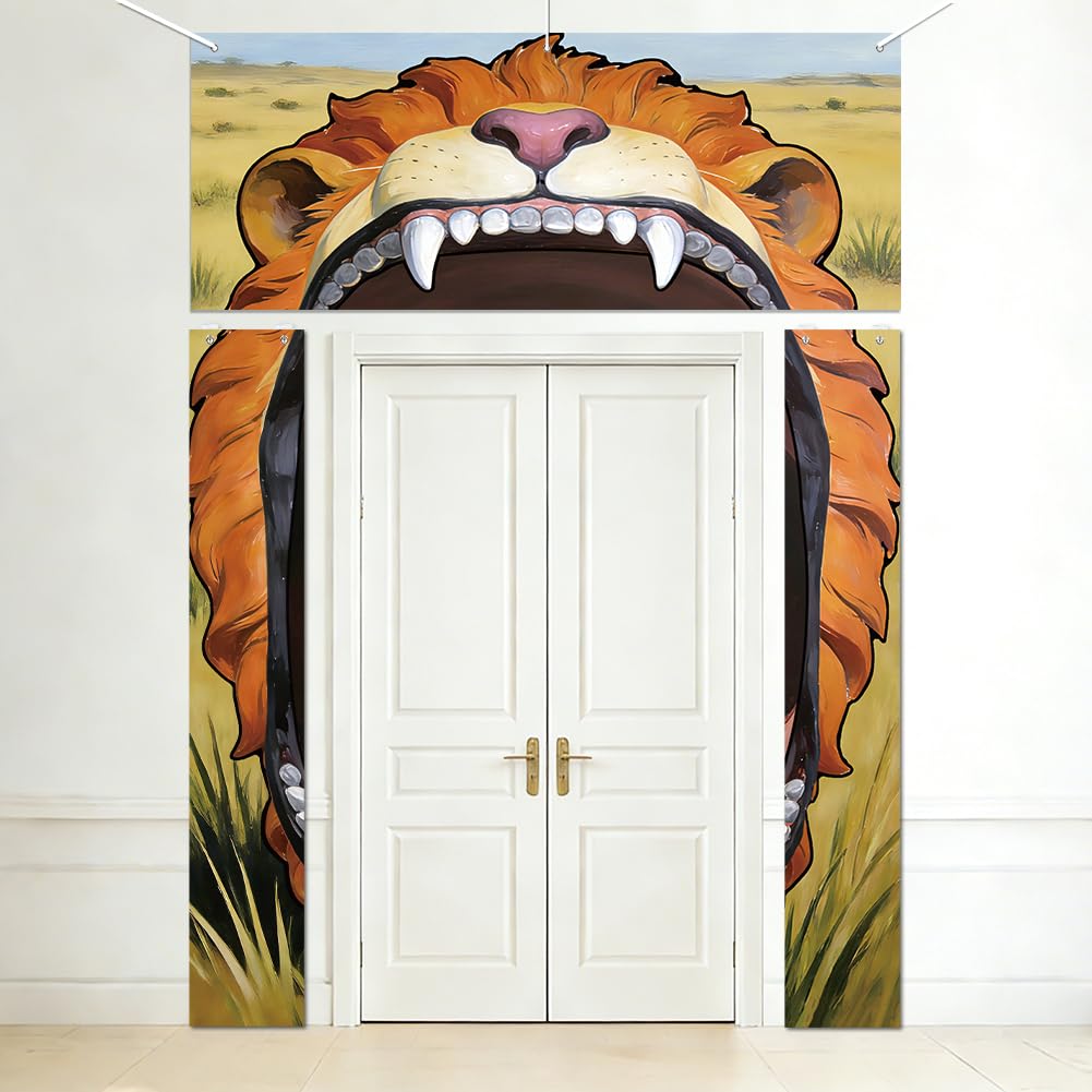 SUPERDANT 3Pcs Lion Porch Banner Set Beast Photo Booth Backdrop Supplies Wall Hanging Sign for Door Lawn Archway Safari Party Supplies Zoo Animals Birthday VBS Party Decorations