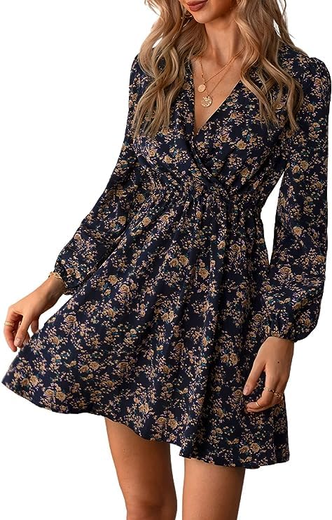 MAFA Vestido a Lunares Manga Larga para Mujer Vestido Corto Casual con Cuello en V Floral Vestidos Playa con Dobladillo con Volantes Y Cintura Elástica Flores Morado S