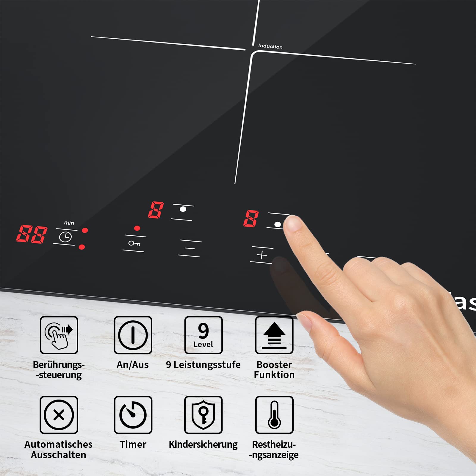 Plaque à induction IsEasy, 2 zones, 3400 W, commandes tactiles, 9 niveaux de puissance, fonction Boost, 220-240 V