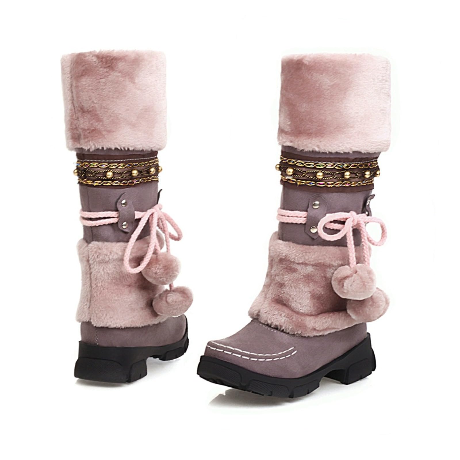 Womens Retro Fleece-Lined Snow Boots Warm Mid-Calf Winter Chunky Heel Suede Non-Slip Rubber Sole Purple 6 5