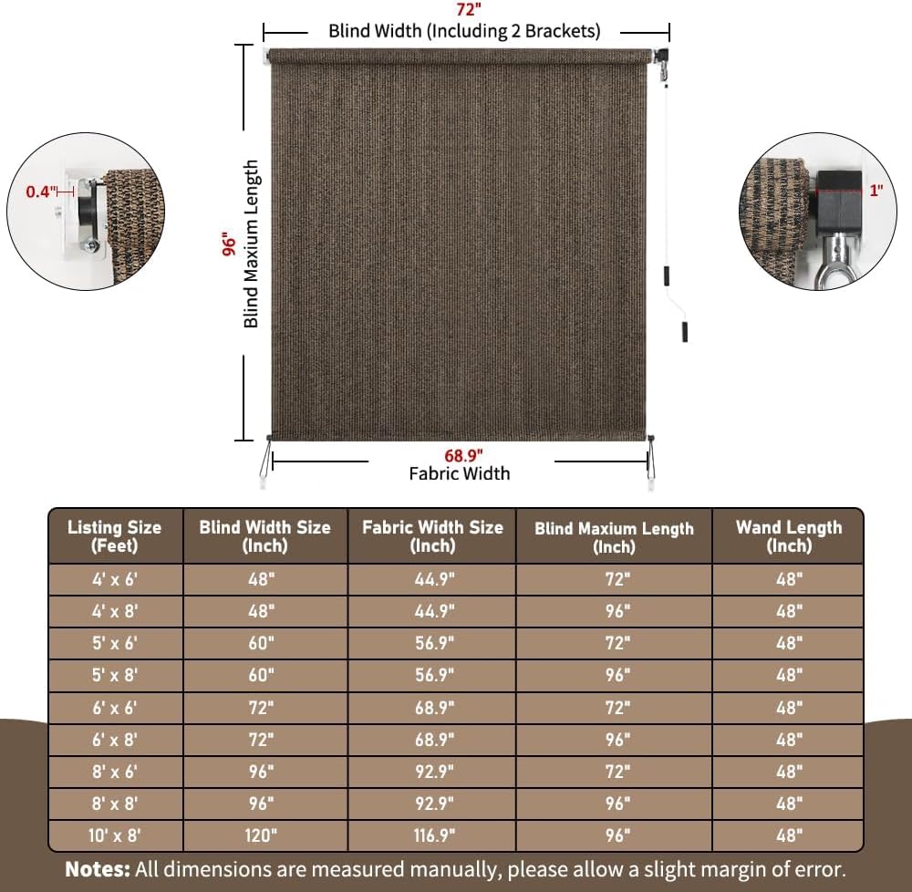 outdoor roller shade 6' w x 8' l cordless patio shades roll up outdoors blinds with uv protection, exterior roller shades cloth for porch pergola, mocha mocha 72"w x 96"h