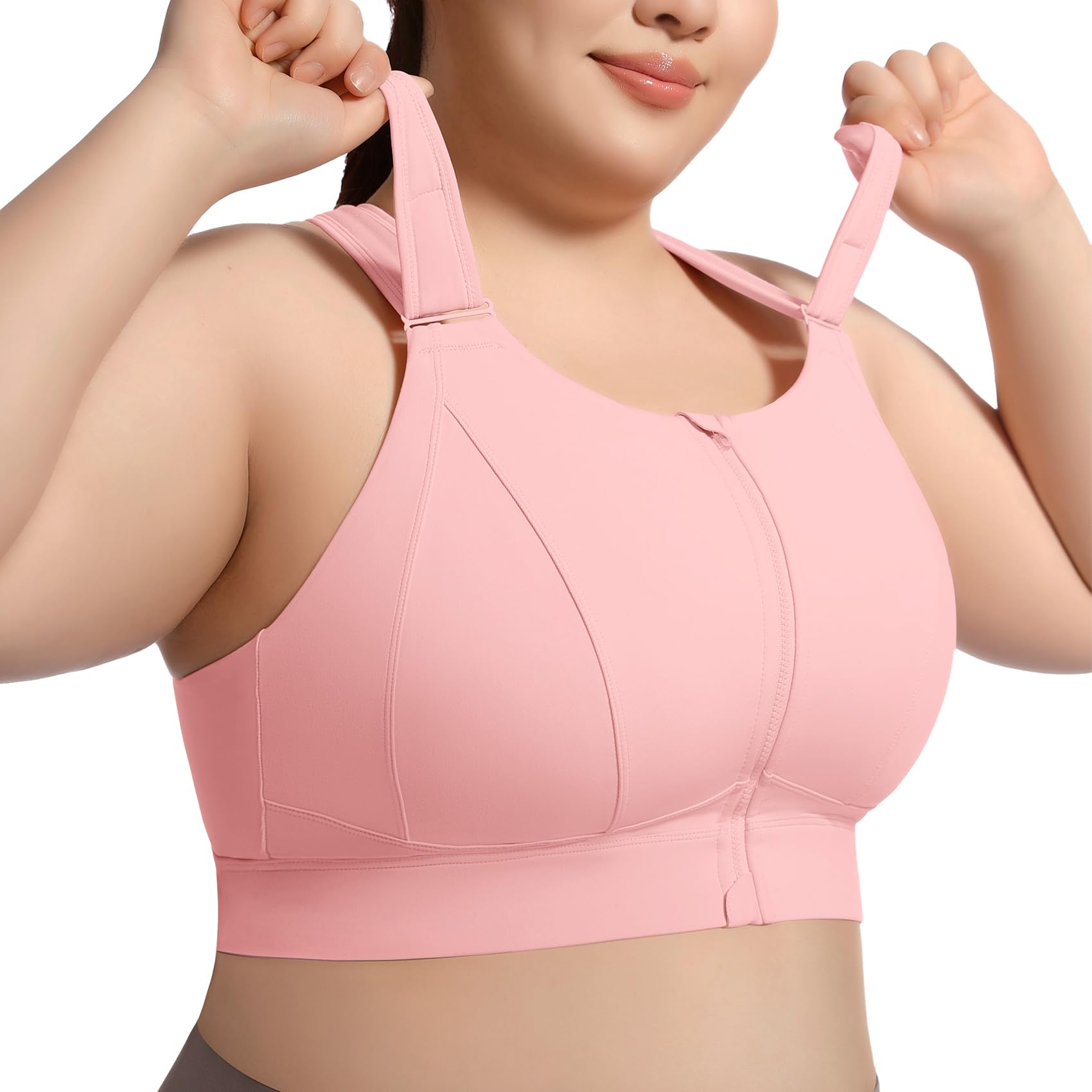High Impact Sports Bras for Women Adjustable Zip Front Plus Size Workout Bra Full Coverage Removable Padded Running