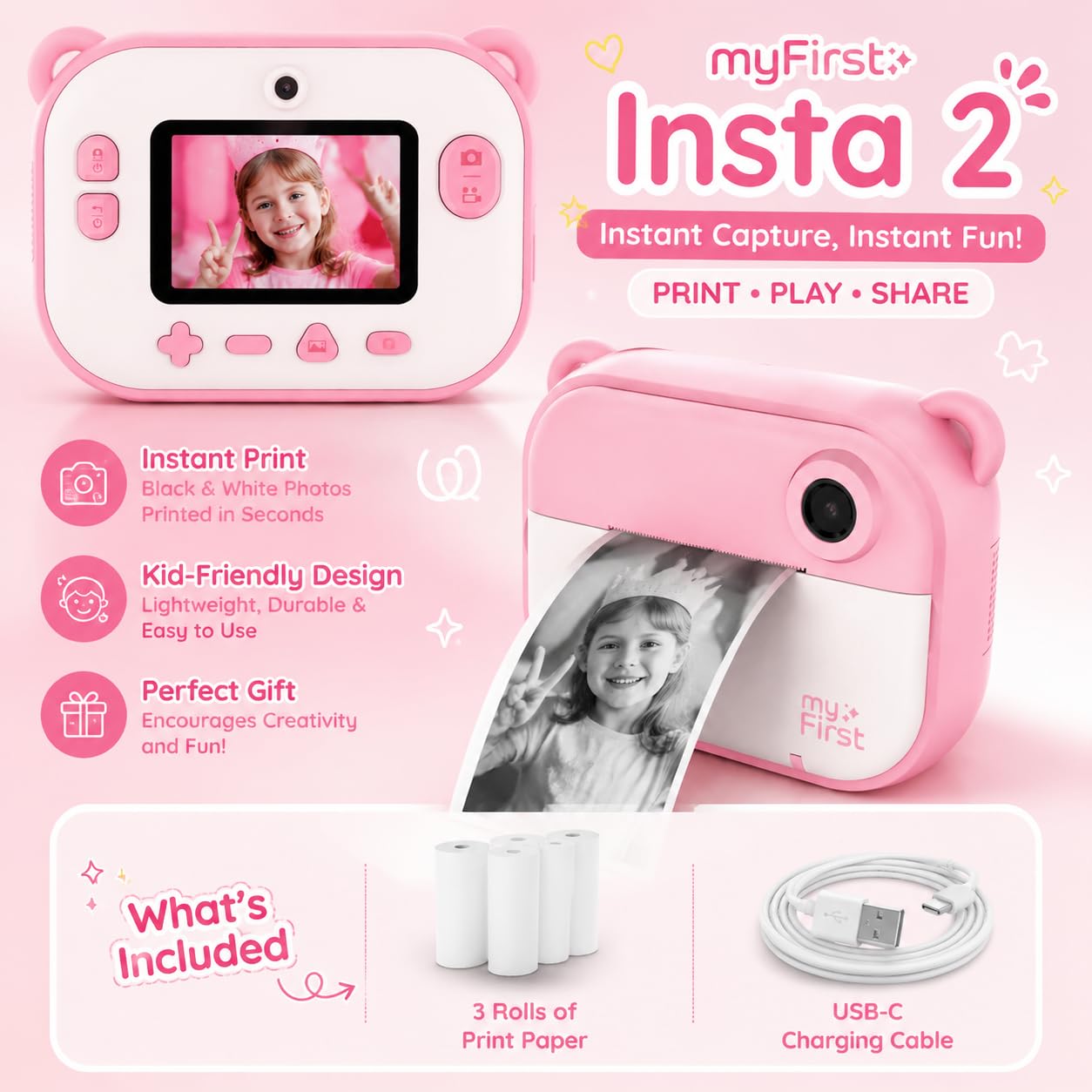 myFirst Camera Insta 2 Fotocamera Istantanea Fotocamera Istantanea Istantanea Rosa Pellicola Sticker (140 scatti) Lente anteriore e Selfie per Ragazzo Ragazza (rosa)