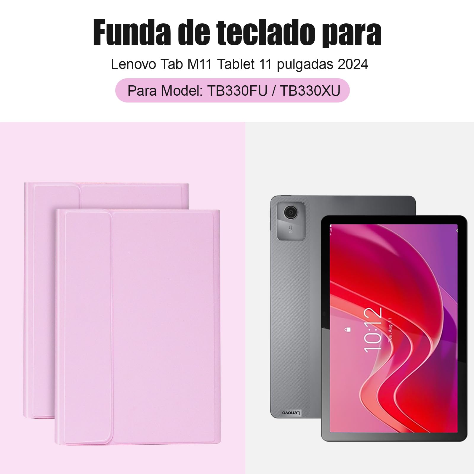 Funda con Teclado para Lenovo Tab M11 (TB-330FU/330XU) 11", Español Ñ, Funda Giratoria Y Teclado Bluetooth Desmontable con Portalápices (Rosa)