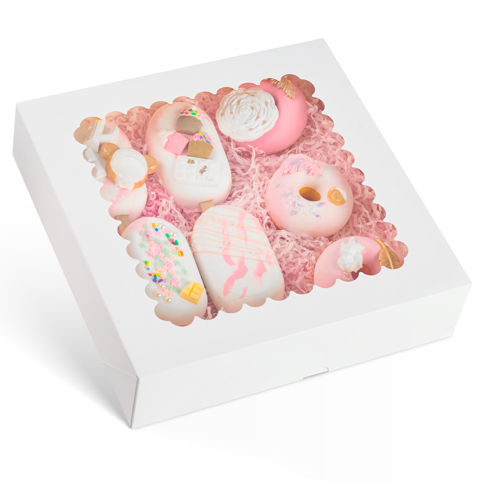 HANSGO 7PCS White Bakery Boxes with Window, 10x10x2.5Inches for Pies, Donuts, Cookies, Muffins, Chocolates, Strawberries, Parties