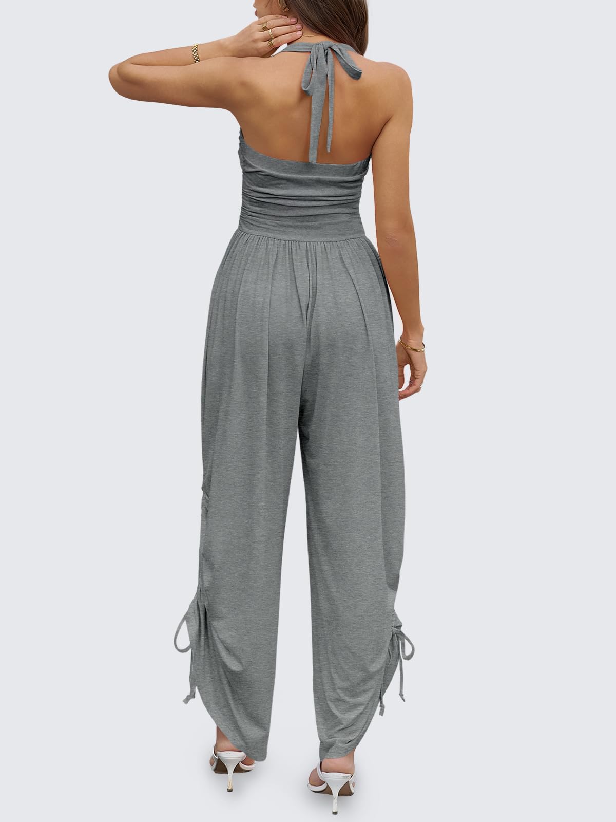 Fisoew Womens Halter Straps Sleeveless Square Neck Overalls Ruched Barrel Wide Leg Side-cinch Jumpsuits Rompers With Pockets Tute Donna (Pacco da 1)